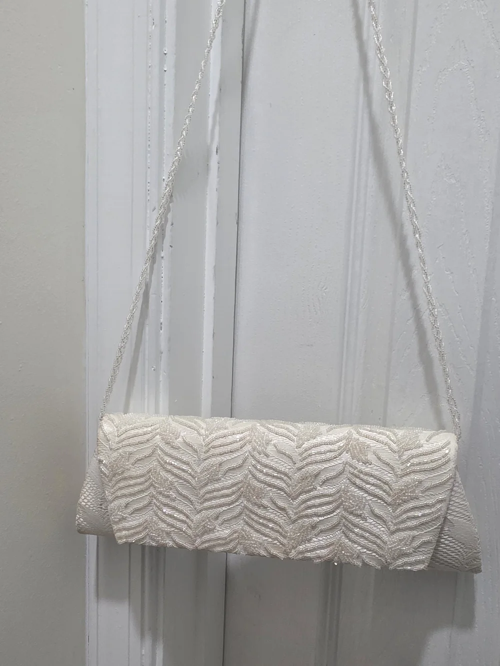 Ivory Beaded Evening Clutch with Chain Strap